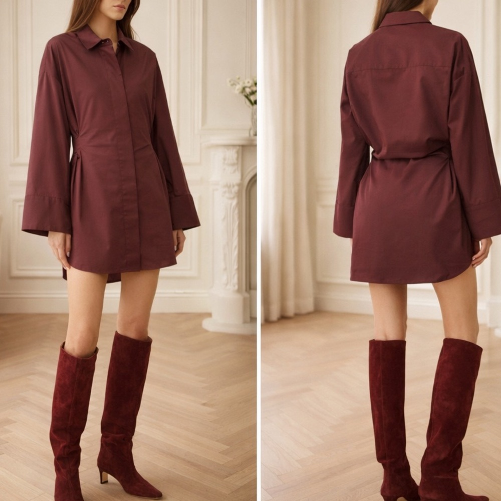 STAUD Cindy Merlot Cotton Poplin Mini Shirt Dress Pintuck Waist